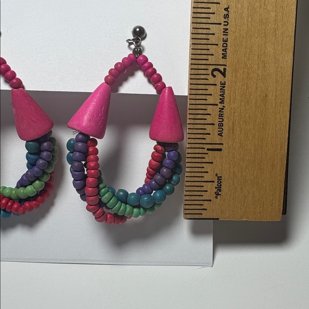 Vintage Stud Earrings Pink and Multicolor Wood Beaded Earrings 90's - Picture 2 of 4